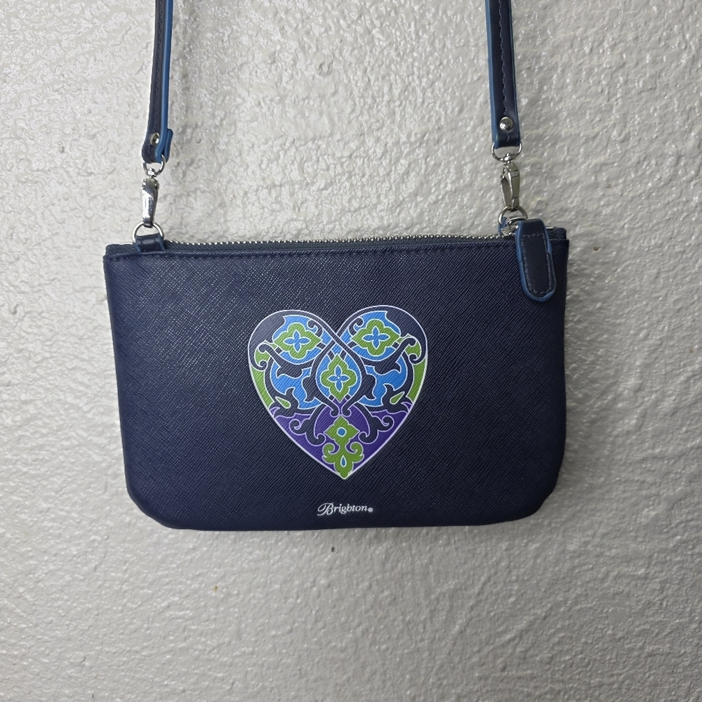 BRIGHTON Navy Blue Heart Design Mini Small Crossbody Purse Zippper Pockets - Picture 4 of 14